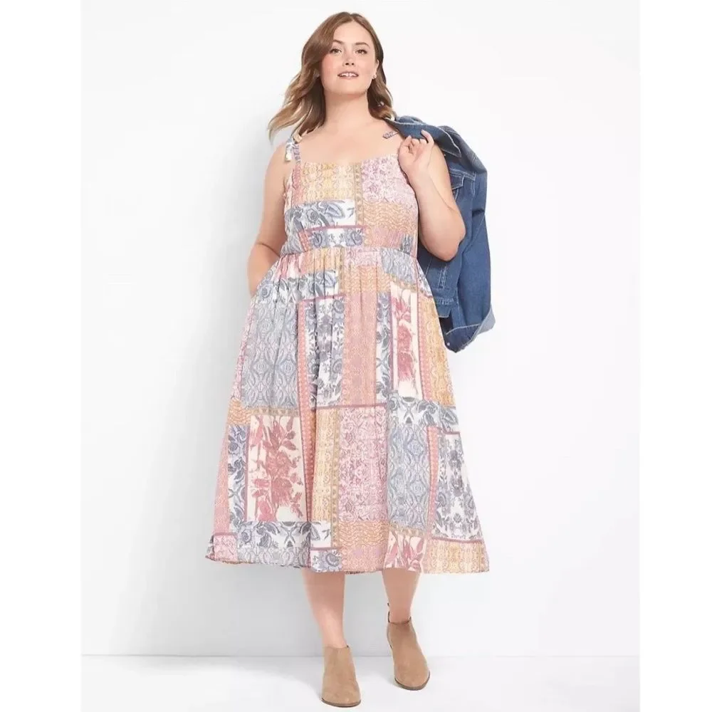 Lane Bryant Patchwork Sweetheart-Neck Tie-Shoulder Midi Dress NWT - Picture 1 of 3
